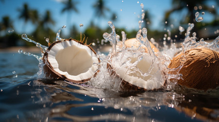 coconuts with coconut water splash.の素材