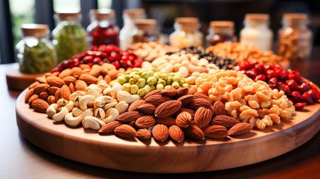 different nuts on the wooden table.の素材