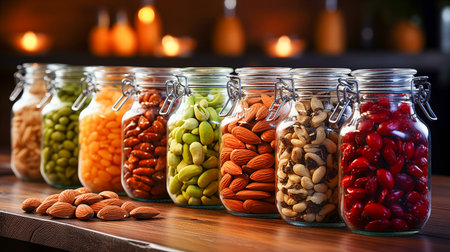 different nuts on the wooden table.の素材