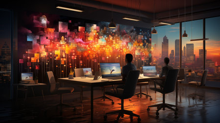 vibrant office with big windows.の素材