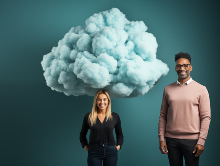 people holding blue cloud.の素材