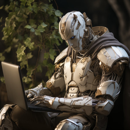 man in elf armor holding laptop.の素材