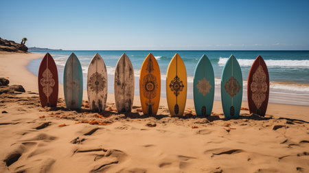 row surfboards on the beach.の素材