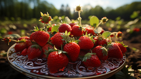fresh strawberries in the garden.の素材