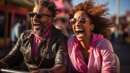 laughing couple ride a roller coaster.の素材