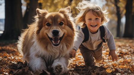 puppy and kid in the park.の素材