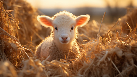 funny little lamb in straw.の素材