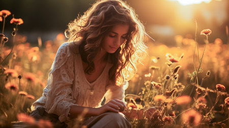 beautiful girl in the field with flowers.の素材