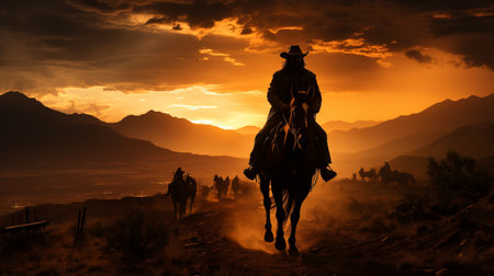 man riding a horse on the sunset background.の素材