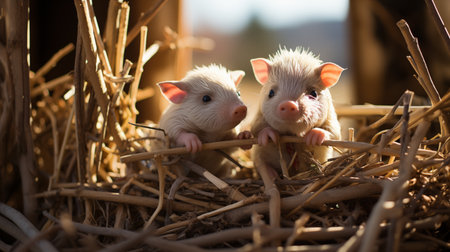 funny little pigs in straw.の素材