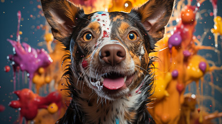 funny dog in the colorful splashes.の素材