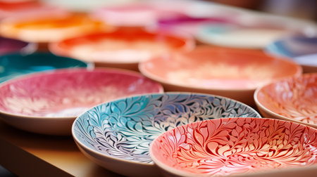 white plates with colorful pattern.の素材