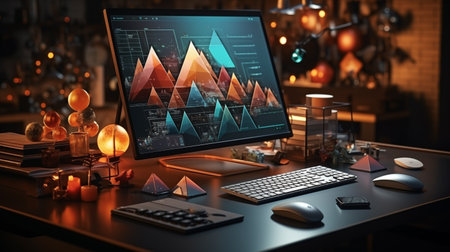 mock up composition with computer and geometric figures.の素材