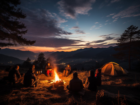 people in campfire in the forest.の素材