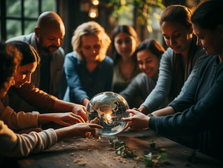 group of people holding globe.の素材