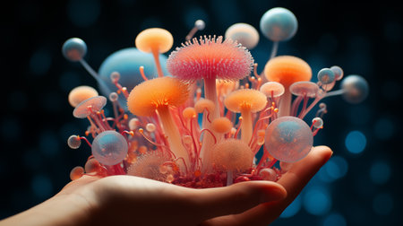ball with microbes in human hands.の素材