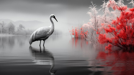 fog morning on the lake with crane.の素材