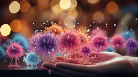 ball with microbes in human hands.の素材