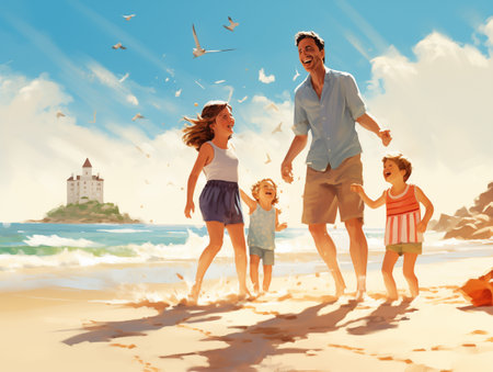 parents and children on beach.の素材