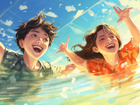 happy children in the pool.の素材