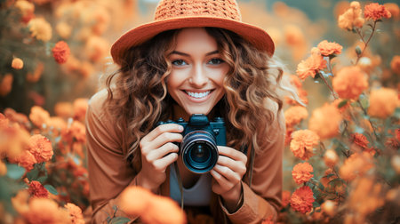 smiling girl with camera.の素材