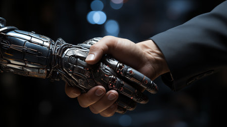 robot and human shaking hands.の素材