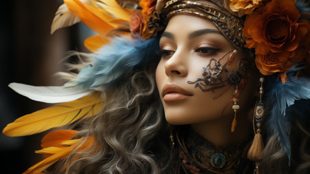 woman in feathers in hair.の素材