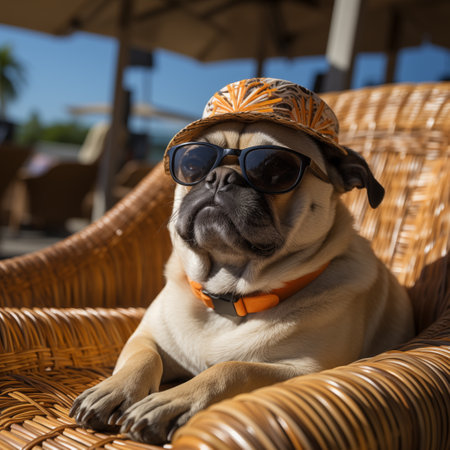 pug dog sitting on the bench.の素材