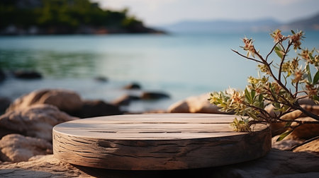 wooden podium for products on the beach background.の素材