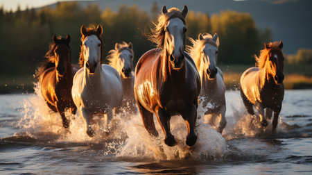 horses in the water.の素材