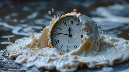 Vintage alarm clock and splashing milk. Time is money conceptの素材