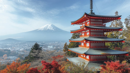 Mt Fuji and Chureito Pagoda in autumn, Japan.の素材
