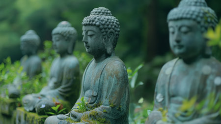 Buddha statues in Japanese garden. Selective focus.の素材