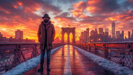 Man on Brooklyn Bridge in New York City at sunset. Winter season.の素材