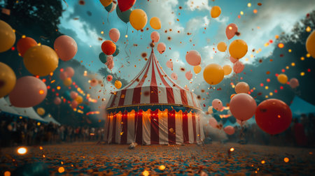 Circus tent with colorful balloons. 3D rendering. Celebration concept.の素材