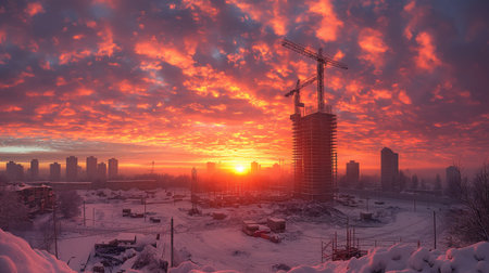 Construction site in winter, Moscow, Russia. 3D render.の素材