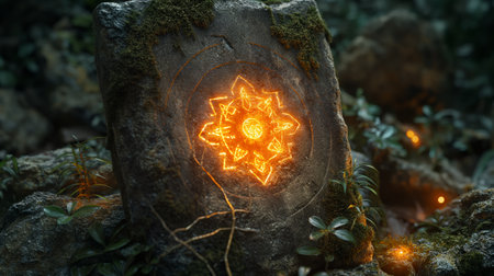 Glowing neon snowflake on a tree stump. 3d renderingの素材
