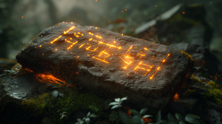 Neon sign on stone with green moss. 3D rendering.の素材