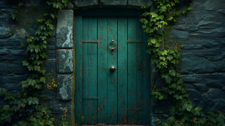 Green door with ivy on the wall. 3D rendering.の素材