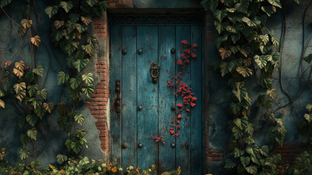 Old wooden door with ivy and plants, 3d render.の素材