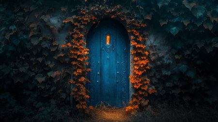 Halloween background with old wooden door in the forest. 3d renderingの素材
