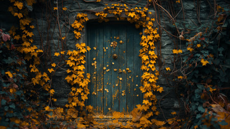 Old door with ivy on the wall. Autumn in Poland.の素材