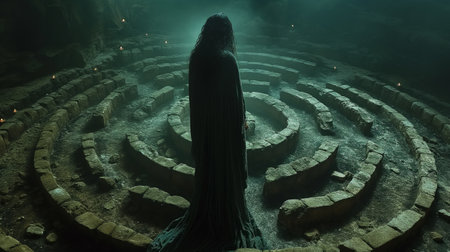 Mysterious woman standing in the middle of a mysterious labyrinth.の素材
