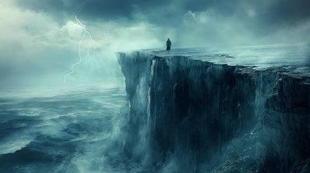 Fantasy landscape with stormy sea and man standing on the cliffの素材