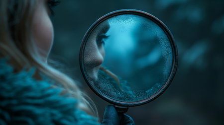 Beautiful young woman looking through a magnifying glass in the forestの素材