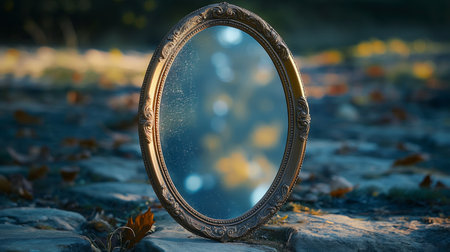 Mirror on the stone in the autumn forest. Vintage style.の素材
