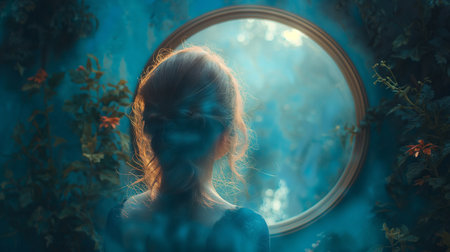 Beautiful girl in a dark forest with a mirror in her handsの素材