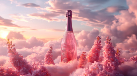 Champagne bottle on a background of clouds. 3D rendering.の素材