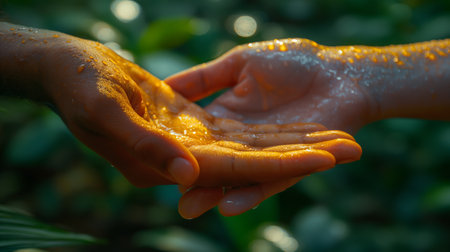 Hands of mother and child with water drops on nature background.の素材