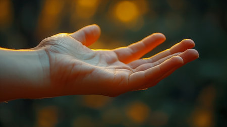 Hand of a child on a background of the forest at sunset.の素材